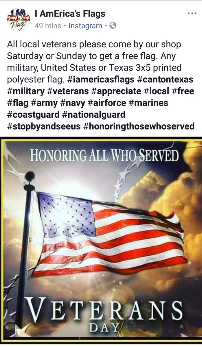 Iamericasflags's tweet photo. Free flags for Veterans tomorrow! #iamericasflags #cantontexas #veterans #military #ThankYou https://t.co/p60Fy11jfC