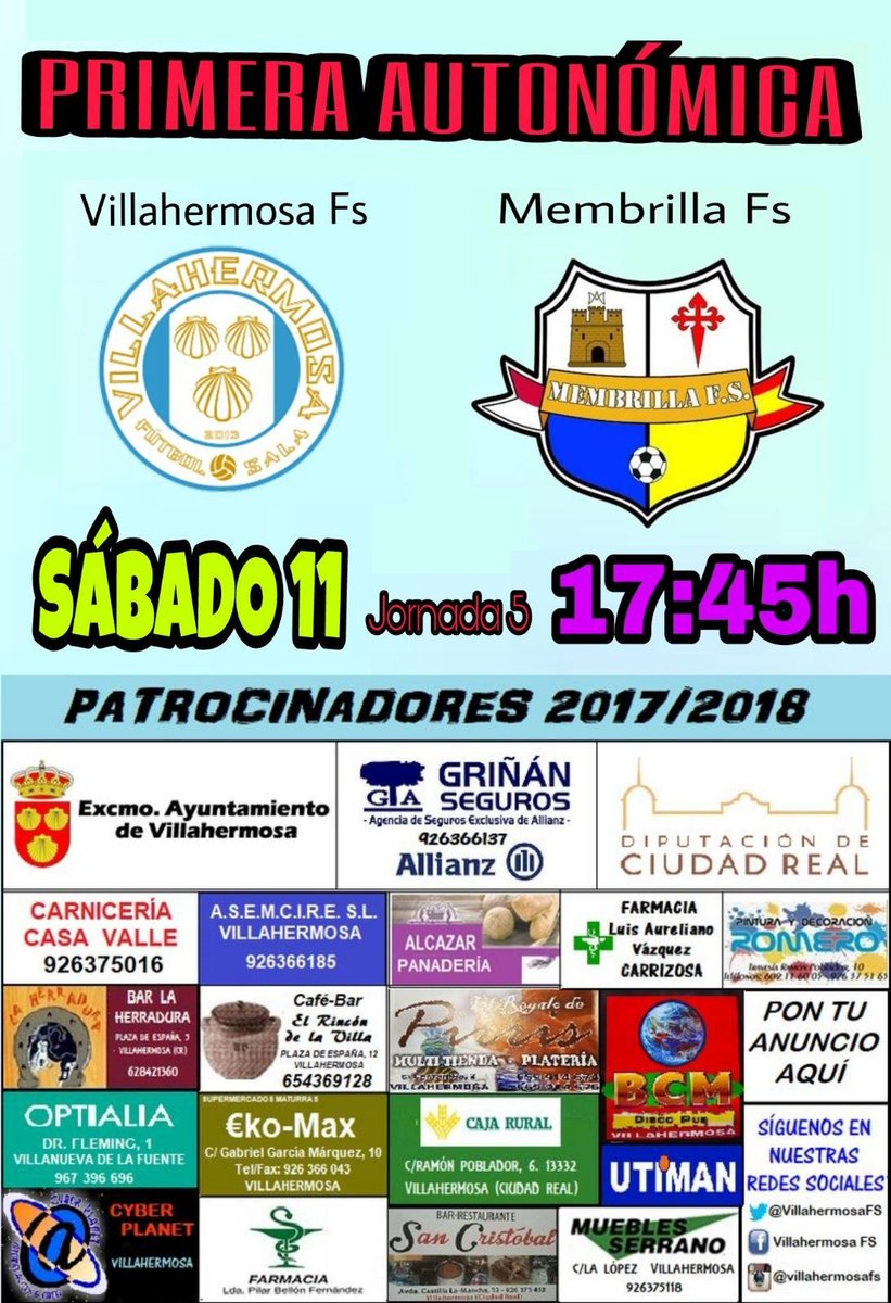 VillahermosaFS's tweet photo. Día de partido
17:45
VILLAHERMOSA FS - MEMBRILLA FS
Convocatoria:
PO: Santi y Jose.
C: Cascorro.
A-C: Félix.
A: Gato, España, Carlos, Dani, Juanjo y David.
P: Miguel y José Luis.
Necesitamos vuestro apoyo para seguir líderes! #GoVFS https://t.co/SdlqwHULEE