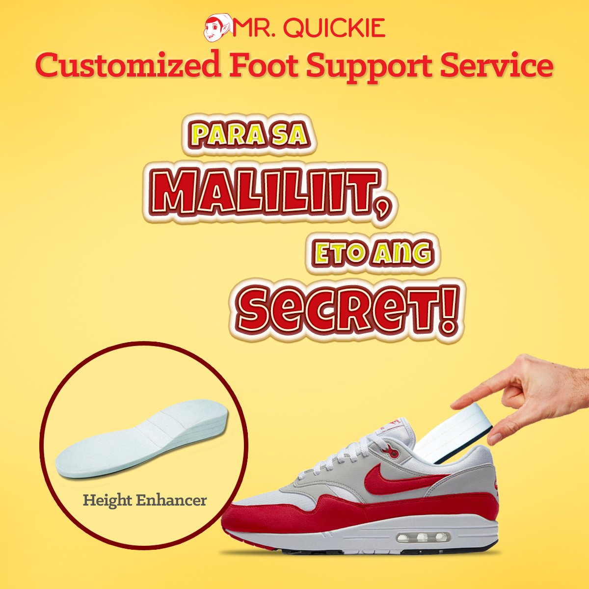 MrQuickiePH's tweet photo. Stand up and Stand Out! Add height and boost your confidence. Try our newest service, Mr. Quickie Customized Foot Support Insole! Visit the nearest Mr. Quickie shop and become taller in an instant!
#GoMrQuickie #FootSupport #HeightEnhancer https://t.co/IpfKe1V9YL