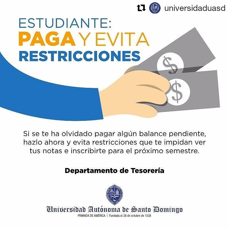 FED_SANTIAGO's tweet photo. #Repost @universidaduasd (@get_repost)
・・・
Recuerda que puedes efectuar tus pagos en Caja General de lunes a viernes de 8:00 A.M. a 5:00 P.M. 
Así también recuerda revisar tu contraseña y tu proyección que ya esta disponible https://t.co/kJEU0MYaR5