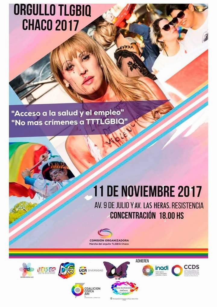 LatitudGay's tweet photo. Sábado 11/11 a las 18 hs te invitamos a participar de la 6ta Marcha del Orgullo en Resistencia, #Chaco.
-Por el acceso a la salud y el empleo
-No más crímenes a personas Transexuales, Lesbianas, Gays, Bisexuales, Intersex y Queers. #lgbtiq #chaco2017 https://t.co/HKt7odEgv3