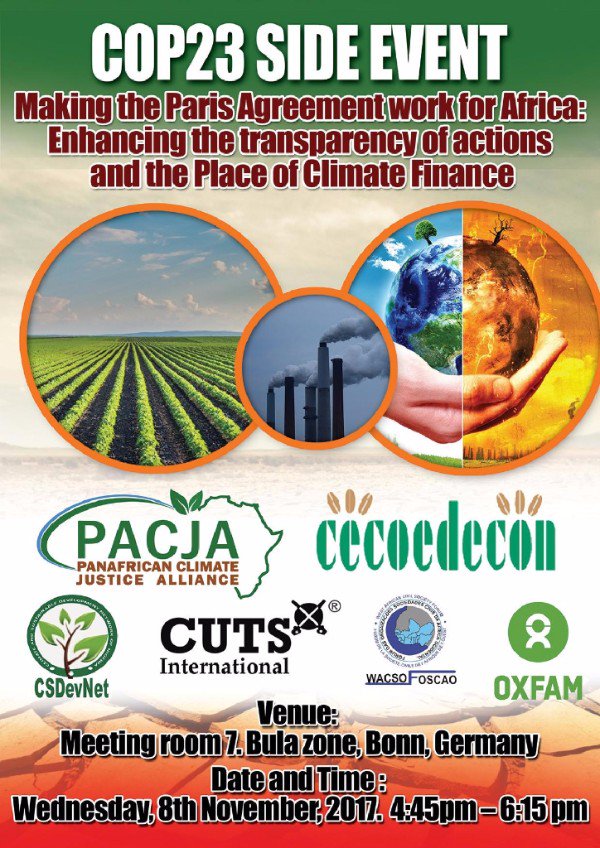 CUTS_CITEE's tweet photo. #CUTSEvent Drop by our @COP23 event on Nov13 Making #ParisAgreement work for Africa @PACJA1 @CSDevNet1 @oxfamgb @wacsof_foscao @CUTS_Geneva https://t.co/oAUkMMaTIY