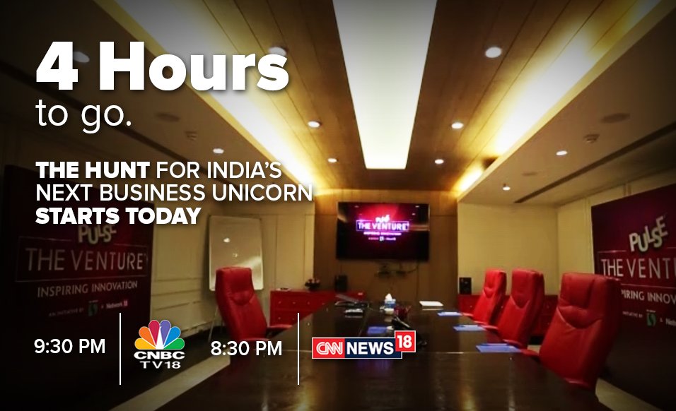 PulseTheVenture's tweet photo. 4 Hours to go! The hunt for India's next big business unicorn starts today. Watch #PulseTheVenture on @CNNNews18
 &amp; @CNBCTV18Live today! https://t.co/MkmuBmXuvV