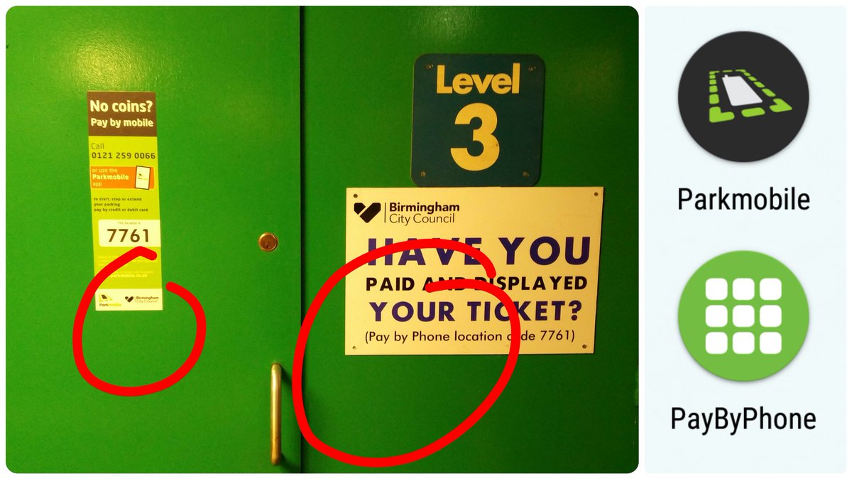 vincelund's tweet photo. @BhamCityCouncil please sort out your signage! This is confusing and frustrating! @ParkmobileUK and @PayByPhone_UK are NOT the same THING! https://t.co/Jcs17175lr