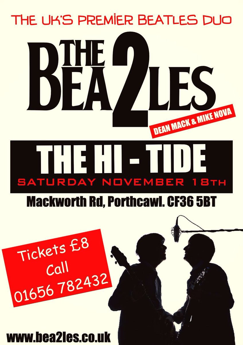 Only 8 Days (A Week) till we are back in Porthcawl at The High Tide. 
Limited tickets remaining. 
Ring 01656 782432 for yours. #thebeatles #beatles #bea2les #hitide #porthcawl #8daysaweek #60s #sgtpepper #sgtpepperslonelyheartsclubband #hofner #rickenbacker #lennon #mccartney