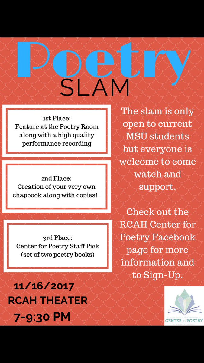 jgshekoski's tweet photo. Hey everybody! Be sure to check out this fantastic poetry slam happening on campus this upcoming Thursday at 7 in the RCAH Theatre! Very new authors with some fantastic material! @GOgreenGOwrite  #408chat https://t.co/blZx0CJ23y