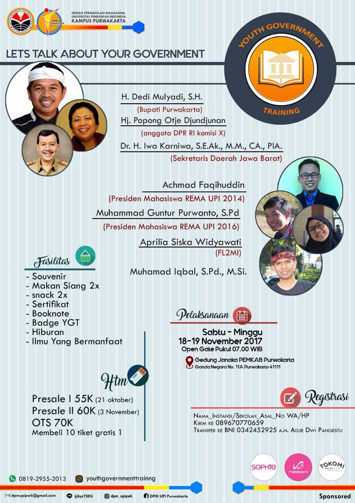 Youth Government Training 2017
Let's Talk About Your Government
18 - 19 Nov 2017 | 07.00 WIB | Gd. Janaka PEMKAB PWK