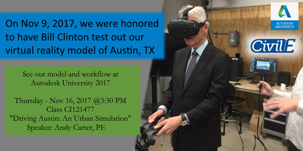 civileng127's tweet photo. Honored to have @BillClinton try the VR model of Austin that my small business (@CivilETexas ) created in partnership with @autodesk. Now off to show the world how we did it at #AU2017 @autodesku #Infraworks #civil3d #iheartcivil #infraworks360 https://t.co/Fsf01K1sdz