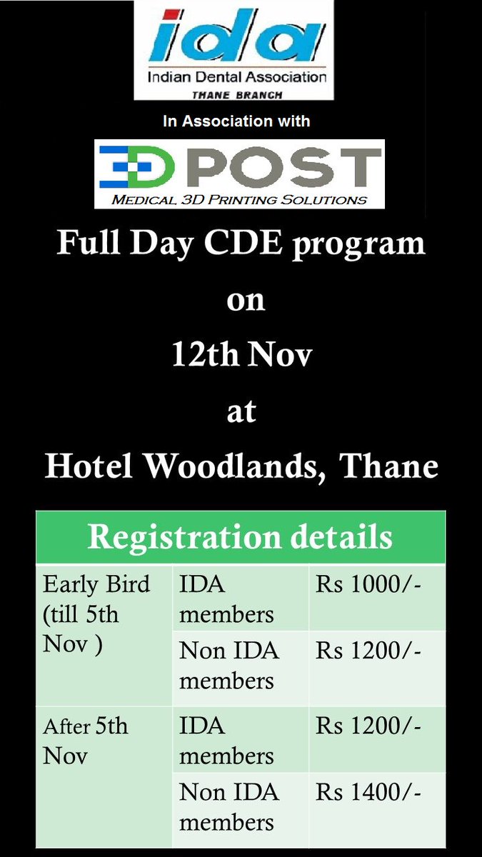 3d_post's tweet image. We are excited to be a part of the CDE Program organized by IDA THANE 
Come meet us and learn about the Guided procedures for Dental Implants.