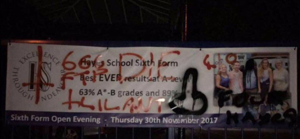 HayesLifeKent's tweet photo. @MPSHayes This photo was taken by a member of Hayes Life last night - Hayes Secondary School banner has been graffitied.. https://t.co/3Btm2Czc74