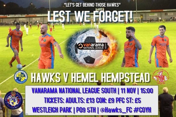 It's Match Day <a href="/Hawks_FC/">HAWKS FC</a> welcome <a href="/hemelfc/">Hemel Hempstead Town FC</a> to Westleigh Park for today's 3pm kick off, be good to see as many <a href="/Hawks_FC/">HAWKS FC</a> fans as possible get behind the lads #COYH