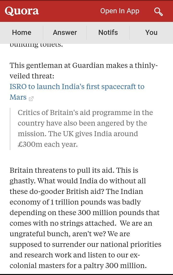 poisonousbranch's tweet image. WE DONT ASK FOR AID.IT COMES WITH NO STRINGS ATTACHED.HOW WOULD WE INDIANS SURVIVE WITHOUT YOUR HOPPING £300m WHEN INDIANS HAVE 1 TRILLION £ ECONOMY?AID IS TINY% OF WHAT BRITAIN LOOTED&amp;amp; IT IS INCOMPARABLE TO MASSARCRES #COLONIALREPARATIONS 
balajiviswanathan.quora.com/Indian-Space-M…