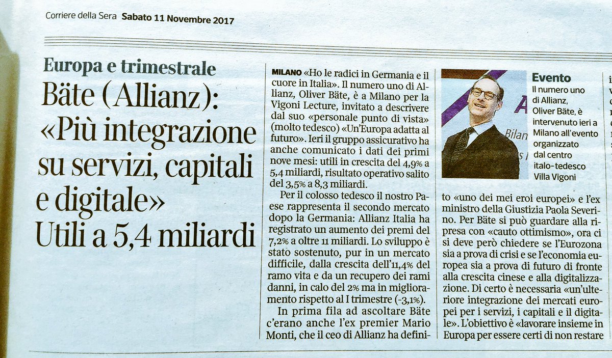 Villa_Vigoni's tweet photo. Sul @Corriere di oggi @BassoFbasso racconta la #VigoniLecture17, che ha visto protagonista il CEO @Allianz Oliver Bäte. 
Presenti anche @SenatoreMonti e l’ex Ministro Paola #Severino https://t.co/nybC95tbZj