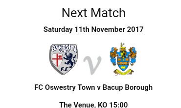 <a href="/FCOswestryTown/">FC Oswestry Town</a> vs <a href="/BacupBoro/">Bacup Borough FC</a> down <a href="/gotothevenue/">The Venue Park Hall</a> 3pm kick off! £5 adults and U16's get in for FREE! Support local football #footy4afiver
