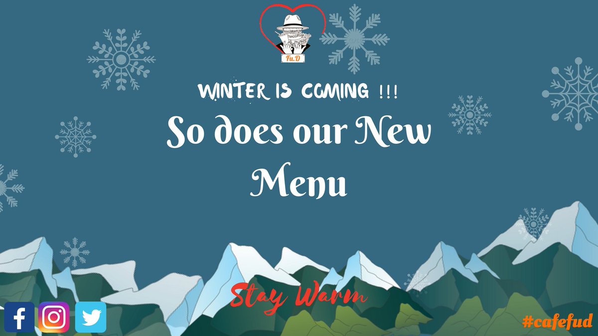 CafeFuD's tweet image. Stay Tuned.. Stay warm..!!
for a delightful selection of dishes
served in Fu.D style...!!
.
We have an open mind..! Drop in your Suggestions @CafeFuD We will be glad to hear..! 
.
.
#cafefud #newmenu #wintermenu #fud #winteriscoming #comingsoon #staytuned #staywarm
