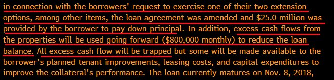 For 1 yr loan extension,  $STWD agreed to $25MM loan paydown, $9.6MM additional amort/yr, 25bp rate bump and cash trap on excess cash flow.