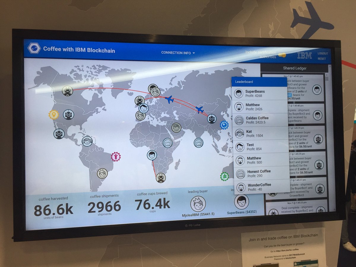 Trying to deepen my understanding of #blockchain. What was cool about #websummit was seeing it being used by industries other than cryptocurrency. Journalism, construction, supply chain..and here's <a href="/IBM/">IBM</a> experimenting with coffee bean sellers.