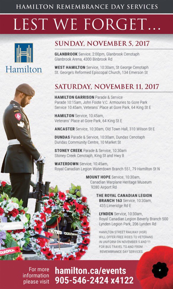 FredEisenberger's tweet image. Today is #RemembranceDay - Here's a list of services &amp;amp; parades happening across Hamilton today: bit.ly/2eARqUq #HamOnt