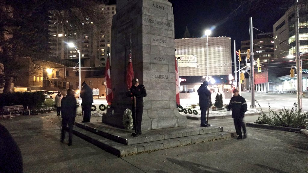 berryonline's tweet photo. I made my annual visit to our #Kitchener cenotaph last night where local cadets stood guard all night protecting the memorial in advance of today's #RemembranceDay2017 ceremony. So proud of these young women &amp; men! #CanadaRemembers #LestWeForget https://t.co/v4Tg0j9VV2