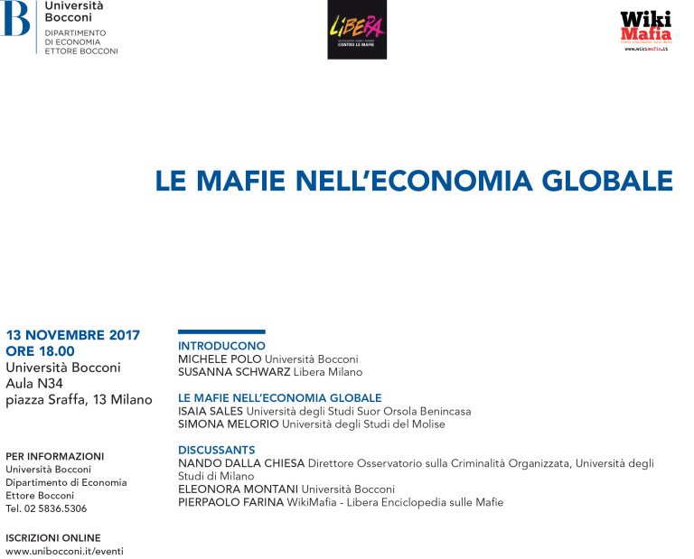 liberainfo's tweet photo. #Milano lunedì #13novembre appuntamento in #Bocconi con Le #mafie nell'economia globale, presentazione dell'ultimo libro dello storico Isaia #Salese e di Simona #Melorio. Interventi di #Polo #Schwarz e di #dallaChiesa #Montani e #Farina
https://t.co/VJuyWMCqY3 https://t.co/QDZolrOgZr