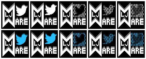 MLJWare's tweet photo. Working on a new icon for use when linking to twitter. 
I especially like the version with the blue bird cut out from the binary code (second from right). https://t.co/wcg7jgZyeb