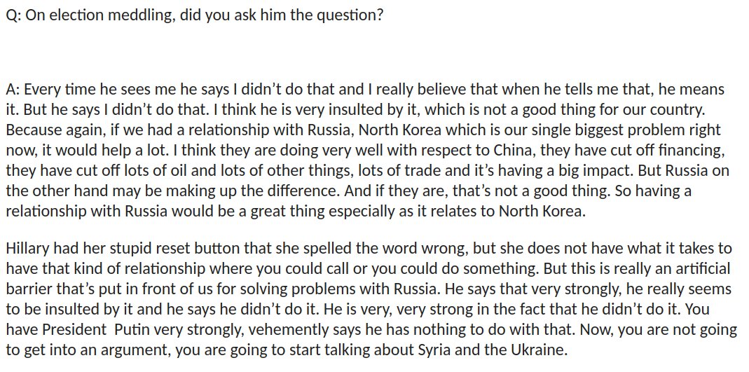 GregTSargent's tweet photo. Here's Trump's answer, when asked if he pressed Putin on sabotaging our elections.

Per pool: https://t.co/fNrH8bCyT5