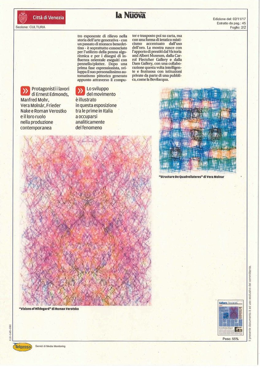 iamfrafra's tweet photo. "When the algorithm becomes art": really flattering review of Algorithmic Signs by Enrico Tantucci in La Nuova Venezia (2/11/17) @cultve @manfredemohr @FondBevLaMasa @annespalter @GalleryDam #AlgorithmicSigns #computerArt #digitalart https://t.co/6pzb9Hk0Uf