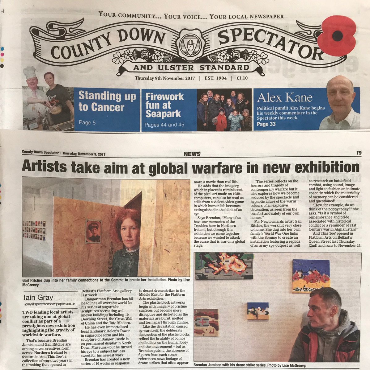 brendanjamison's tweet photo. Special thanks to @LiseMcG for this week’s article in the County Down Spectator which covers our global war-themed exhibition at @PlatformBelfast. Walk-around tour of the exhibition at 2pm today... https://t.co/E4kKO3IDfl