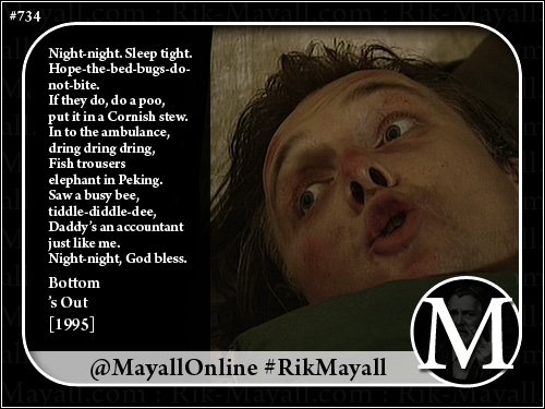 MayallOnline's tweet photo. Night-night. Sleep tight
Hope-the-bed-bugs-do-not-bite.
If they do, do a poo, put it in a Cornish stew.
In to the ambulance, dring dring dring,
Fish trousers elephant in Peking.
Saw a busy bee, tiddle-diddle-dee,
Daddy's an accountant just like me.
Night-night, God bless
#280club https://t.co/uN28iRwcNI