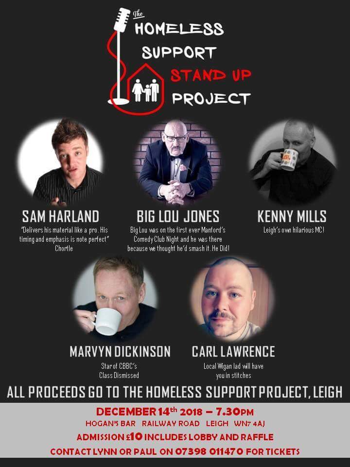 Homelessstandup's tweet photo. Comedy night in Leigh to raise money for The Homeless Support Project. @lindseydavies77 @HSPLeigh1 @samjharland @BigLouComedy @kenny66mills @marvyndickinson 
#thehomelesssupportstandupproject https://t.co/ynPfu11T4J