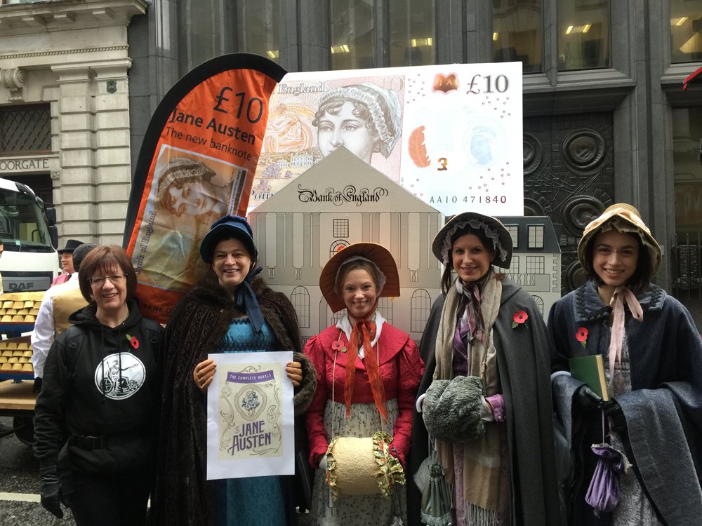 bankofengland's tweet image. Our staff are bringing banknote characters to life for today's #LordMayorsShow. Here's Jane Austen, who features on the #NewTenPoundNote