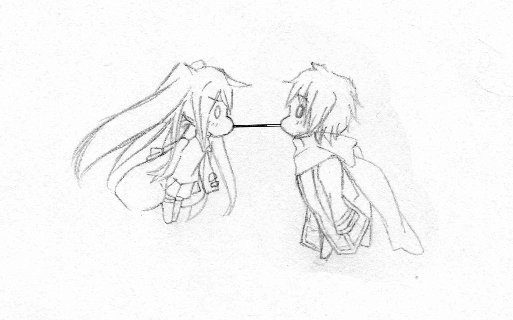 しう この日のネタです ポッキーなんか食べない Oo 我々には関係ないこと 相手はカイトにぃです Ooを想像して赤面してるミクちゃん ポッキーの日 ポッキーおえかき 初音ミクイラスト ちびキャラ