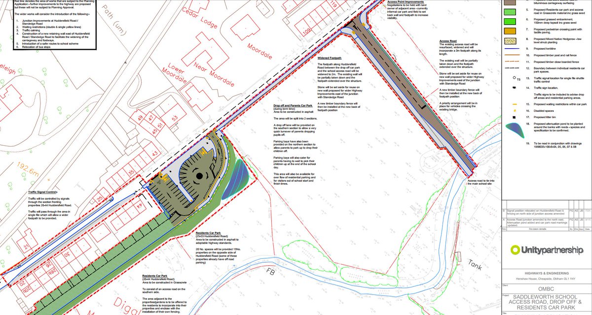 SaveDiggle's tweet image. View the highway plans for the proposed new 1500 pupil #Saddleworth school in #Diggle here: savediggle.org.uk/school_and_hig…
The stone wall along Huddersfield Rd to be replaced with a 1m high fence
Single file one way traffic lights
15 car parking spaces for parents