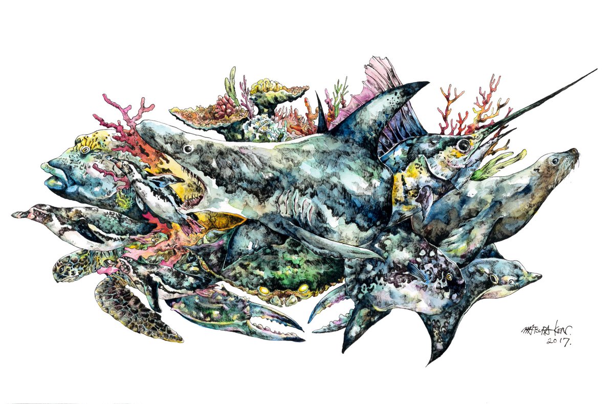 群青」 F6 ペン 透明水彩 海の青をテーマに集合絵を描きました。青一色