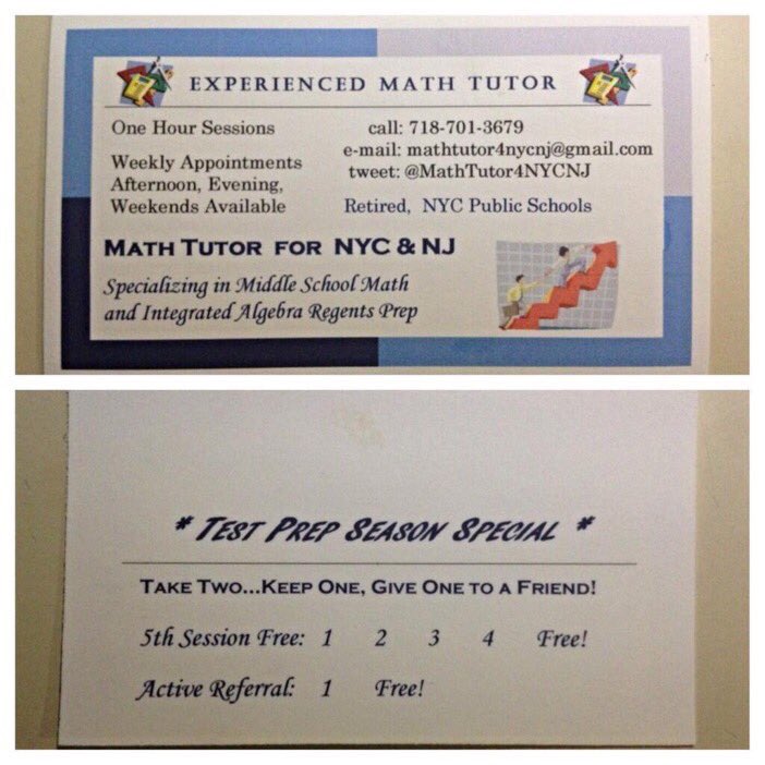 MathTutor4NYCNJ's tweet image. NYC #Math Teacher, offering Private #Tutoring, Grades 2 - 11, Afternoons, Weekends. paper/pencil/ #iPadEd #EdTech #MathTutor #NYCMath