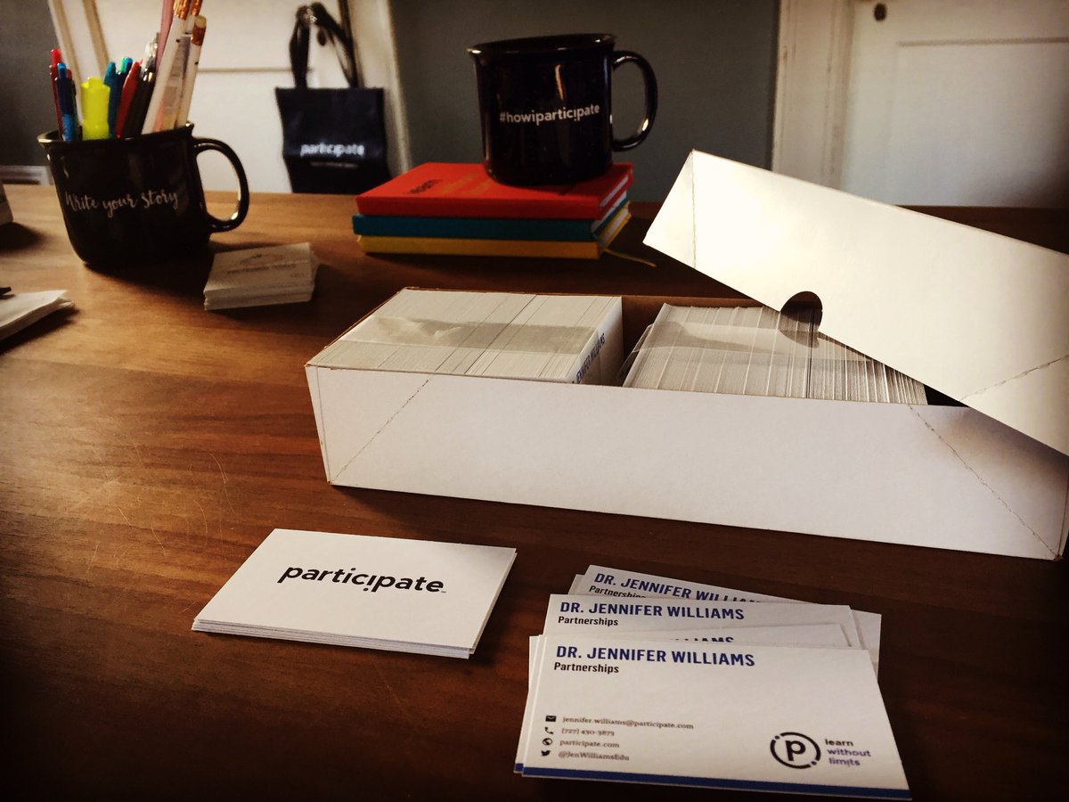 JenWilliamsEdu's tweet photo. Over-the-moon to officially join the team at @participate as Director of Education Strategy. A team focused on equitable access to high-quality PD for ALL & looking to "do well & do good" for our world--yep that's #myjam! #letsDOthis #businesscardsmakeitreal #howiparticipate https://t.co/QVBhsNgGOd