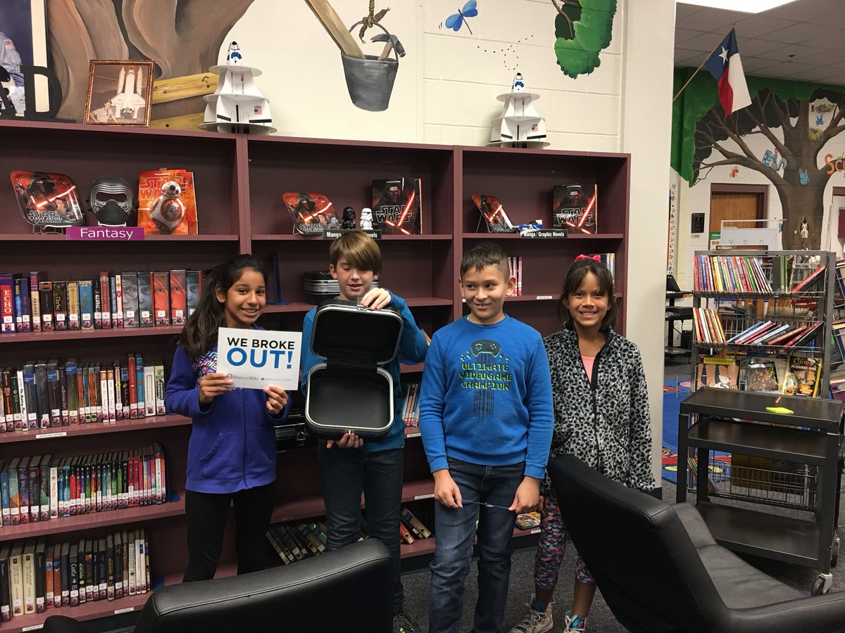 scobeelib's tweet photo. #nisdlibrary. #NISDInspired  #scobeeinspired. Breakout EDU in Scobee Library to learn Genres. Special thanks to Ms. Pepper GT teacher for all her hard work. Kids learned and had a blast! https://t.co/4upQehpOA2