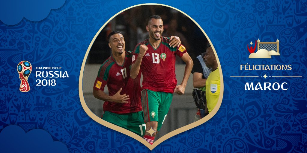 fifaworldcup_fr's tweet photo. Le Maroc retrouve la Coupe du Monde pour la première fois depuis 1998 !!! 
Bienvenue en Russie à la #CM2018 @FRMFOFFICIEL !! 🇲🇦🇷🇺🎉 https://t.co/VEQywj2bGd