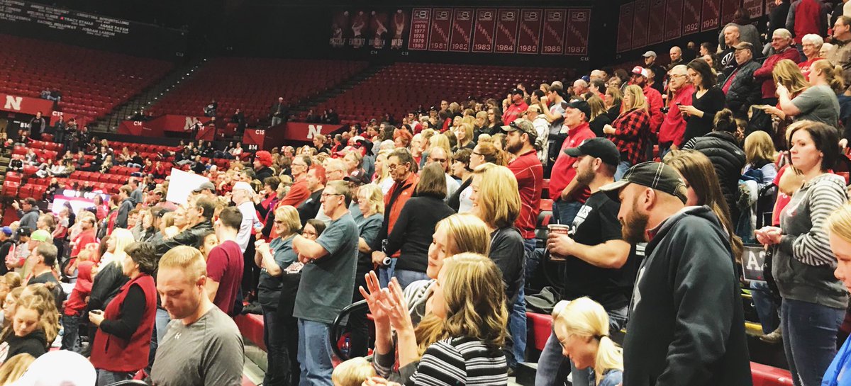OtherMrsLambert's tweet photo. I don’t remember the last thing that made me happier than walking into Bob Devaney and seeing my entire town just chillin. #3peat ❤️🏐 https://t.co/0Ucj45N2Ff