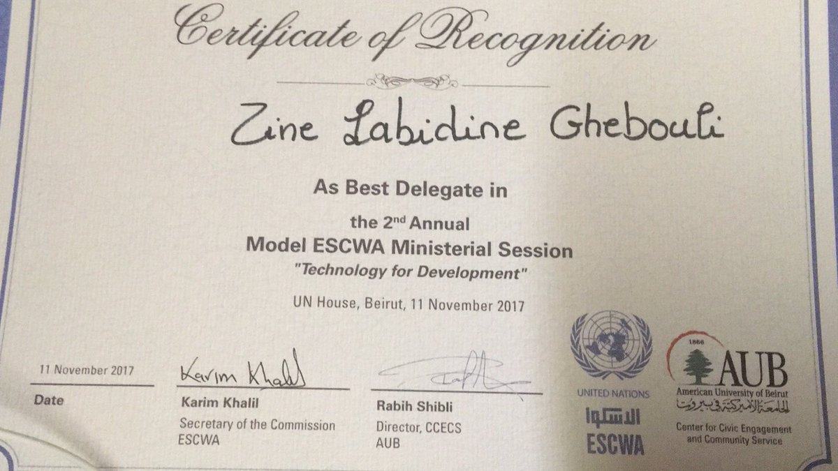 GheZinou's tweet photo. Proud to be awarded the Best Delegate in the 2nd annual model @ESCWACIU held today. Many thanks for the great organization. #ModelESCWA https://t.co/X3ZEFX3FLk
