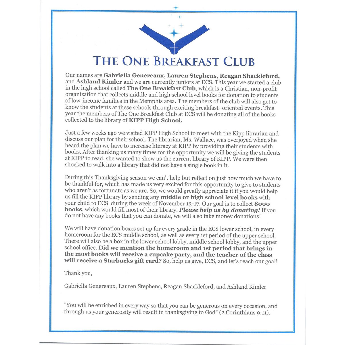 ecs_eagles's tweet photo. ECS! #TheOneBreakfastClub needs your help to reach their goal of 8000 books to fill Kipp Middle/High School’s empty library! #ecsgenerosity #abound https://t.co/grI9SY3qNg