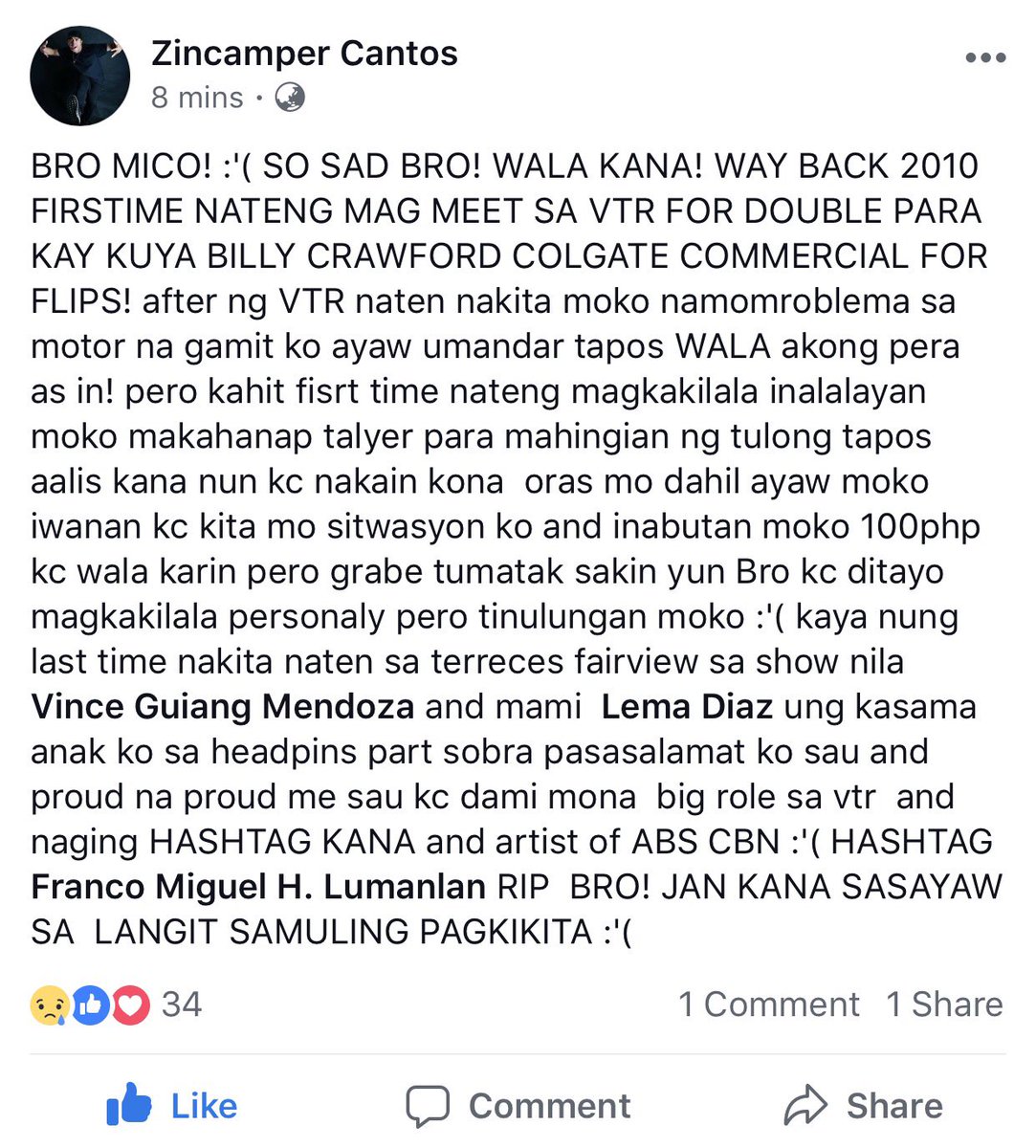 ItsBraceArquiza's tweet photo. Dad ko yan. Kahit di mo pa close si dada nagawa mo paring tulungan sya.Ito yung time na walang wala si dada. Thank you brader Franco! R.I.P https://t.co/4LiqOW1Gy7