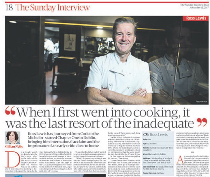 For tomorrow's Sunday Interview, I chatted to Ross Lewis of @ChapterOneDub and <a href="/osterialucio/">Osteria Lucio</a> about the restaurant business, and what life after cooking might look like for him