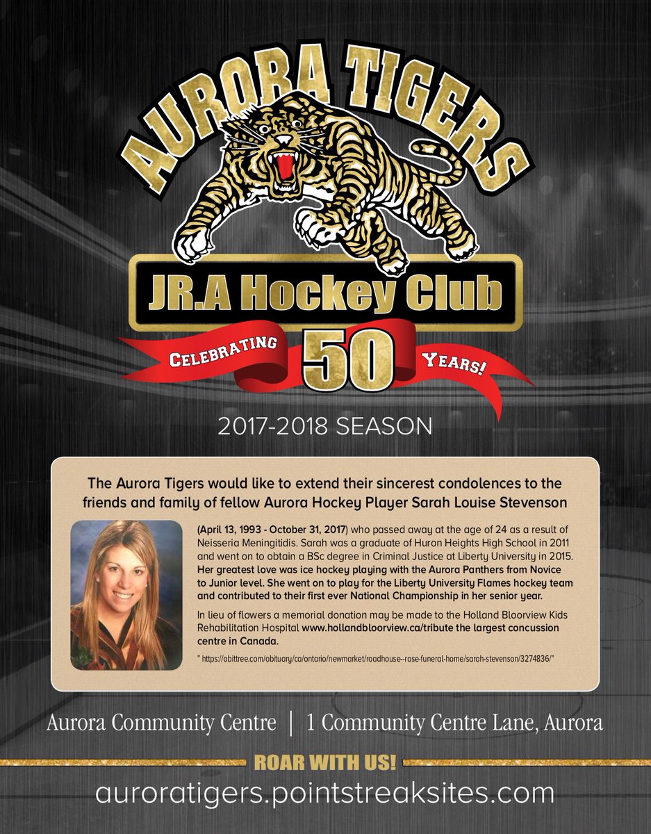 <a href="/TigersJrA/">Serpa Automotive Aurora Tigers</a> will honour the life of Sarah Stevenson vs <a href="/OJHLDukes/">Wellington Dukes</a> <a href="/snapdAurora/">snapd Aurora</a> <a href="/TMrakas/">Mayor Tom Mrakas</a> <a href="/GeoffDaweAurora/">Geoff Dawe</a> <a href="/kylejpeterson/">Kyle Peterson</a> @CYGHAmidgetbb