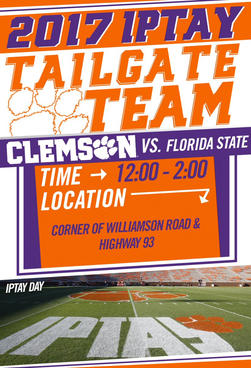 IPTAY's tweet photo. #IPTAY Tailgate Team is set to roll in one hour! CU there! #Clemson #IPTAYDay #BeatFloridaState https://t.co/IyJzL05kFQ