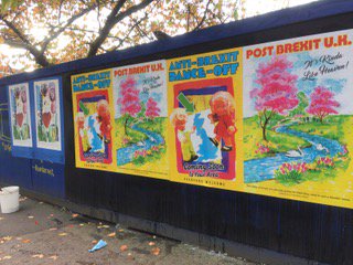 flyingleaps2016's tweet photo. Someone's gone to town w. new @flyingleaps2016 artist's two new works: 'POST BREXIT UK' and 'ANTI-BREXIT DANCE-OFF' by #magdaarcher (and there's @chunkymark's THE ESSENCE still there in the background). https://t.co/fs4uwKVOTS https://t.co/wwyURVE4eV