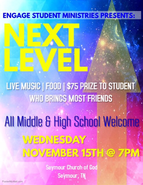 Engage1210's tweet photo. **MIDDLE &amp; HIGH SCHOOL STUDENTS**
You don’t want to miss our Next Level Event this Wednesday night!!  Pizza, Prizes, Live Music and More...invite your friends for your chance @  $75 cash prize!!! https://t.co/MJXg3srfQw