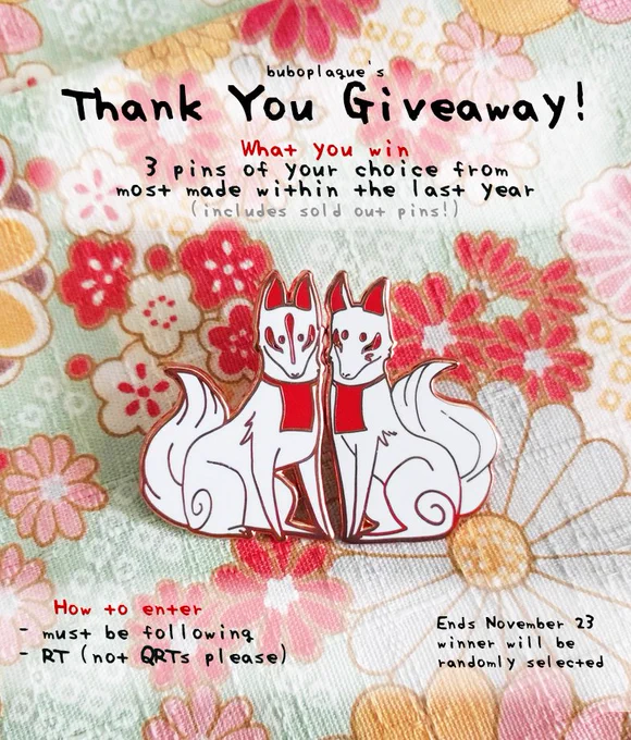 #giveaway to say thank you!

To enter: follow me and RT this post. International welcome!

The winner gets to pick from (almost) any pin made in the last year. Ends Nov 23

(current stock available at https://t.co/2iqdZPp5Wq) 