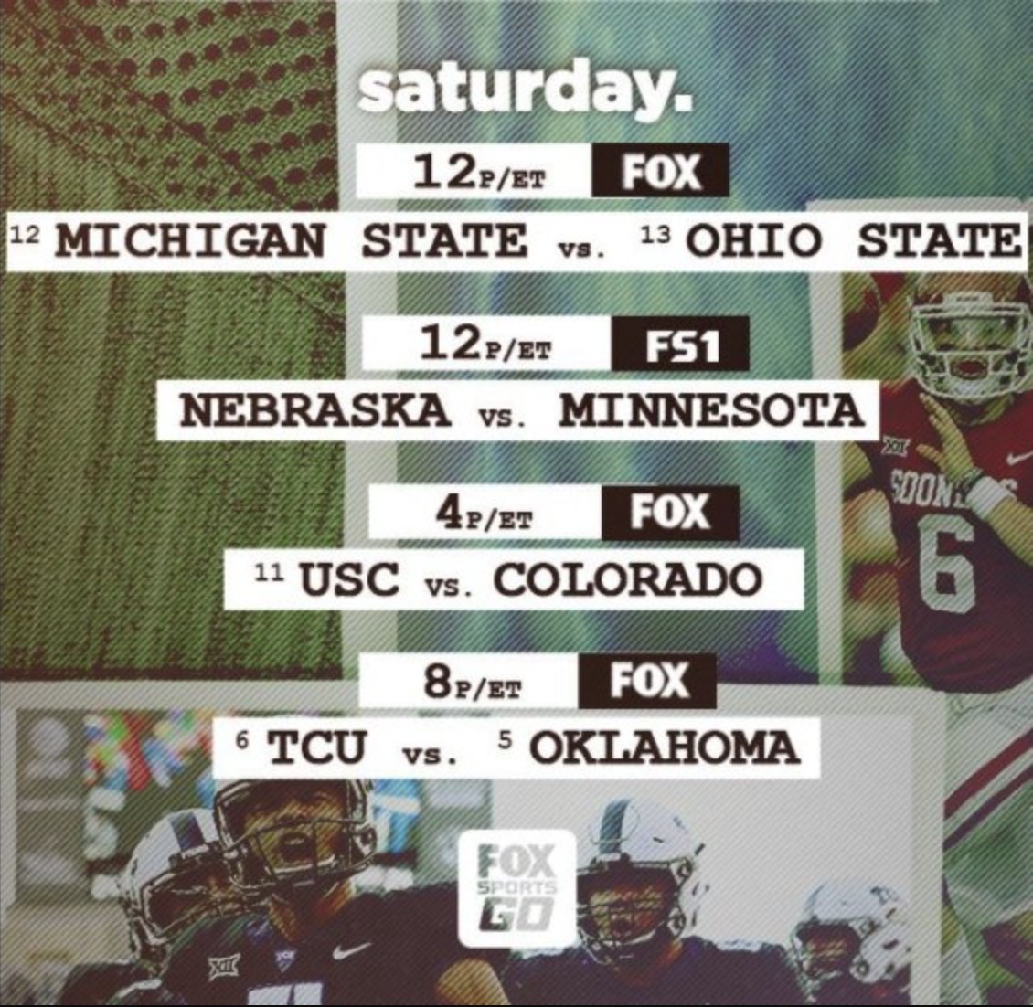 fuboTV's tweet photo. WEEK 11 KICKS OFF NOW! Let's goooo! ๐ @FOX @FS1
#MSUvsOSU #NEBvsMINN #USCvsCOL #TCUvsOU
#everygameiseverything ๐๐ฝ https://t.co/kpsSuuECSU
