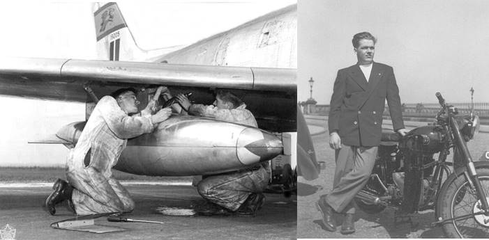 adverbmc's tweet photo. Dad leading aircraftman with his beloved Norton cleaned up pretty well after a day keeping the flyboys in the air #RCAF #439th Canada's 1st NATO Fighter Squadron keeping the peace in post-war Europe #LestWeForget https://t.co/1qKaxUm8Fb